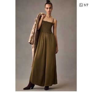 🫒 Pilcro by Anthropologie Smocked Satin Jumpsuit